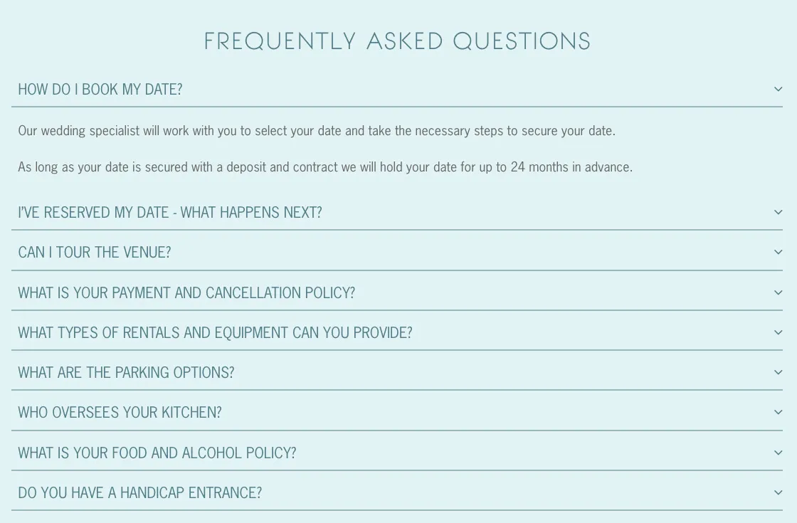 The Admiral Room Website FAQs Module | Real Estate Web Design | Venue Web Design