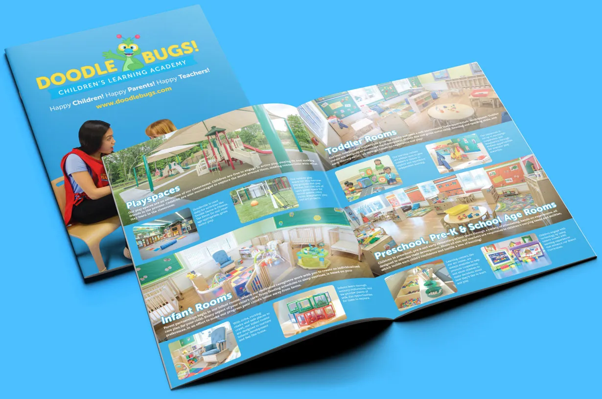 Doodle Bugs Childcare Brochure Page Spread Design | Childcare Graphic Design | Childcare Branding
