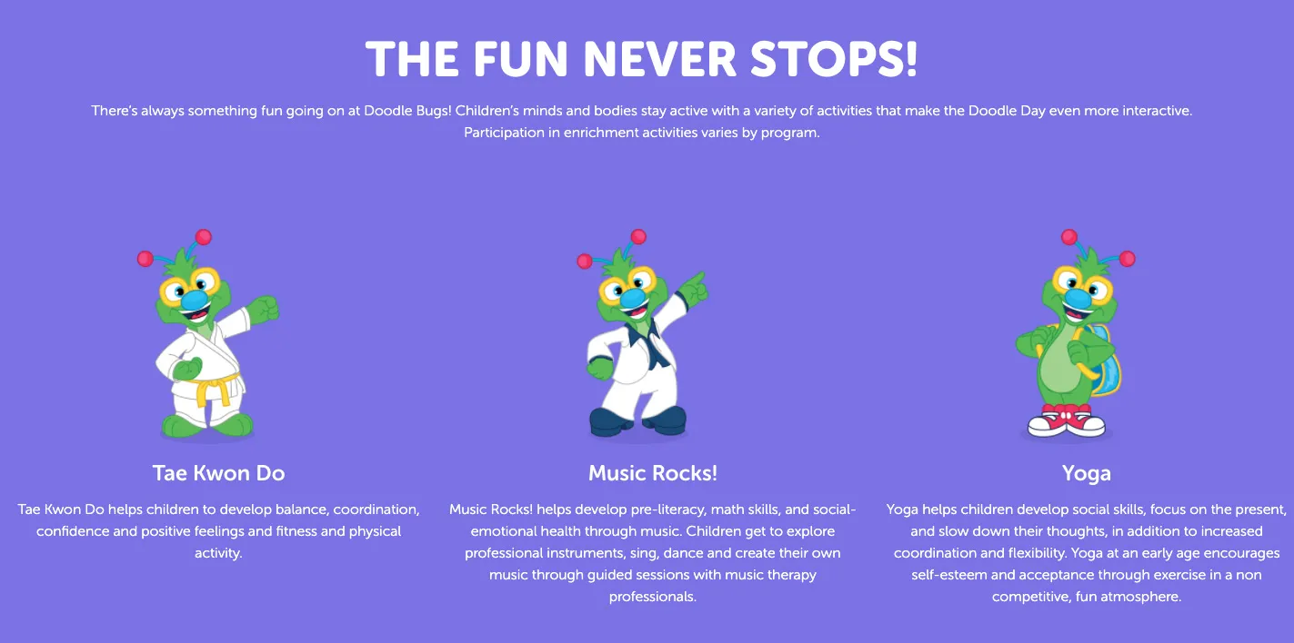 Doodle Bugs Childcare Website Activities Module | Childcare Web Design