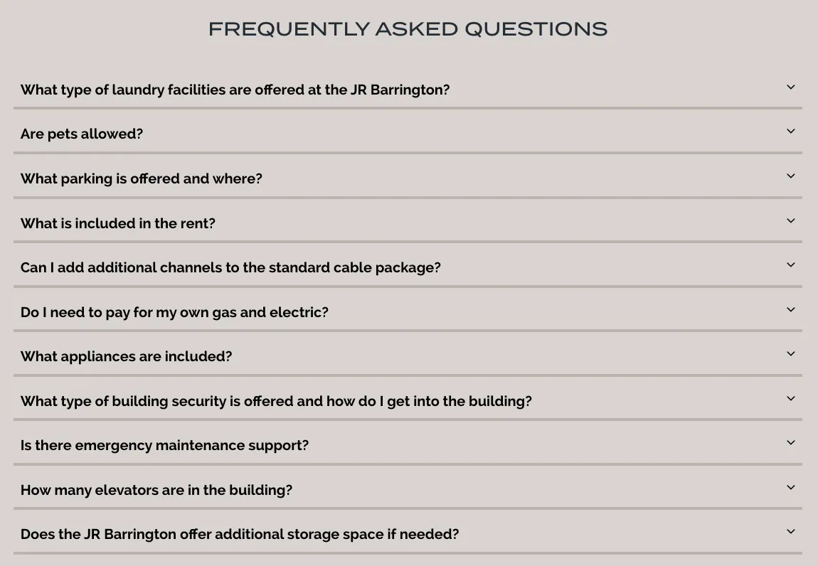 JR Barrington Website FAQs Module | Real Estate Web Design | Property Web Design