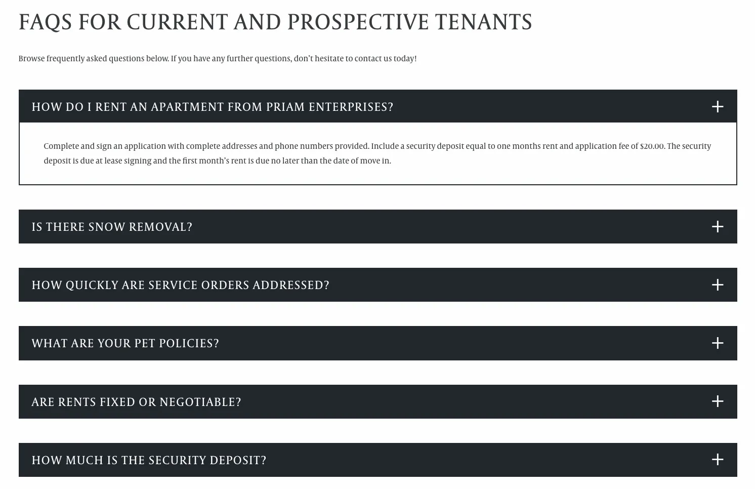Priam Enterprises Website FAQs Module | Real Estate Web Design