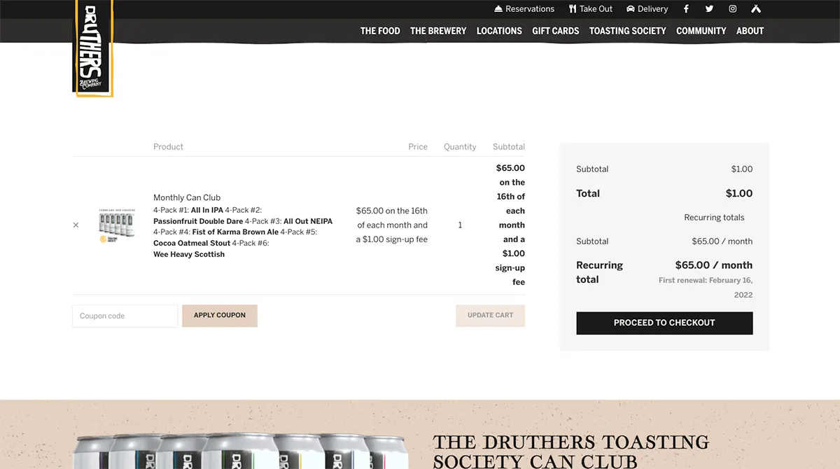 Druthers Brewing Co Can Club System | Brewery Can Subscription | Brewery Website
