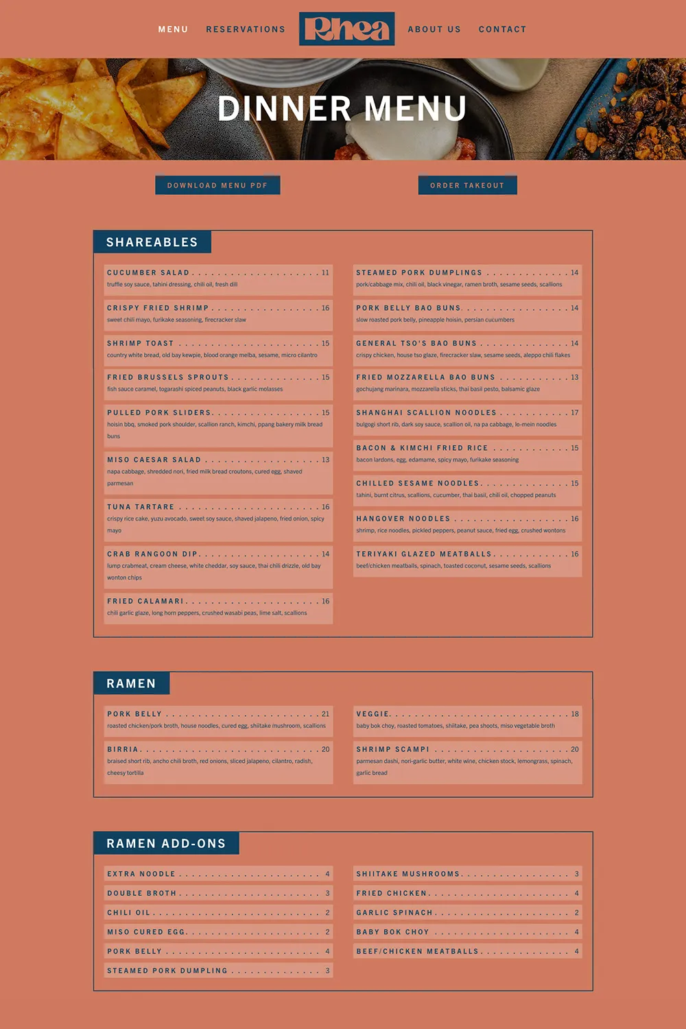 Rhea Restaurant Website Menu Page Design | Restaurant Web Design