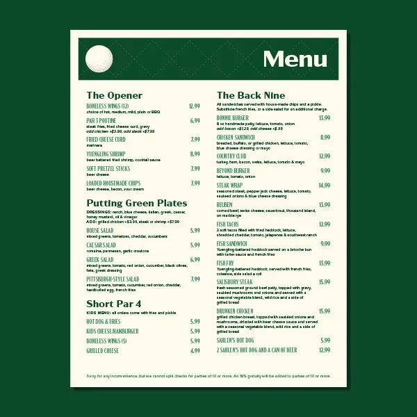 Fairway View Pavilion Restaurant Menu Design | Menu Graphic Design | Restaurant Design Assets