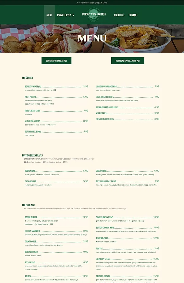 Fairway View Pavilion Website Menu Page | Restaurant Website Menu
