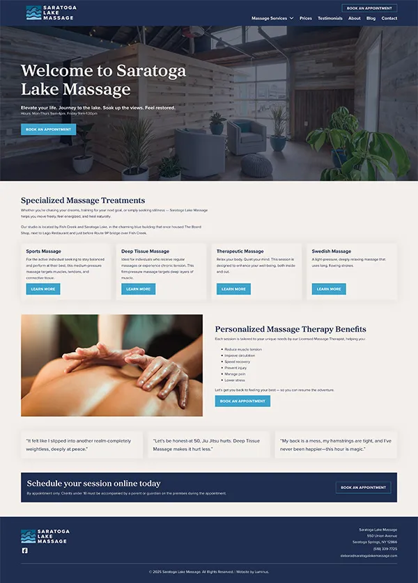 Saratoga Lake Massage Website Homepage Design | Healthcare Web Design