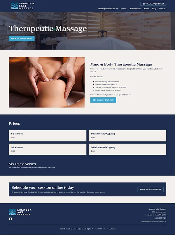 Saratoga Lake Massage Website Service Design | Healthcare Web Design