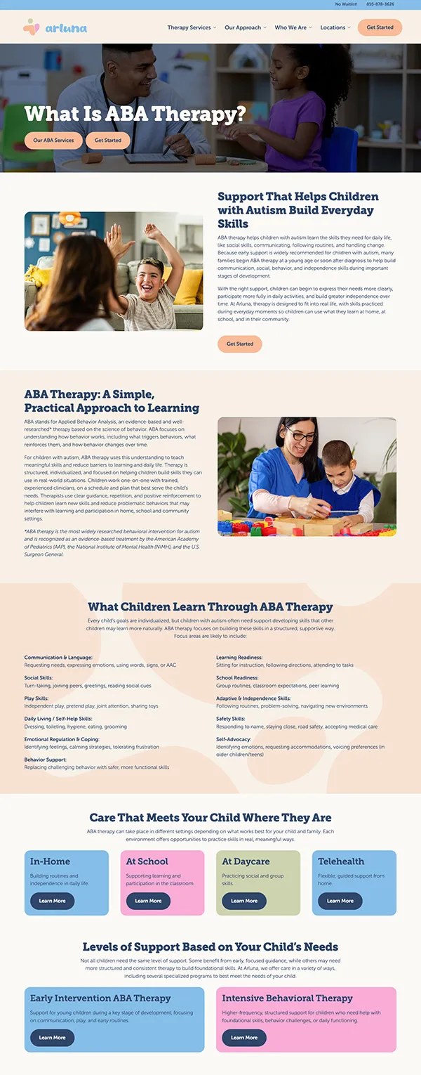Arluna ABA Therapy Website | Healthcare WordPress Website Design